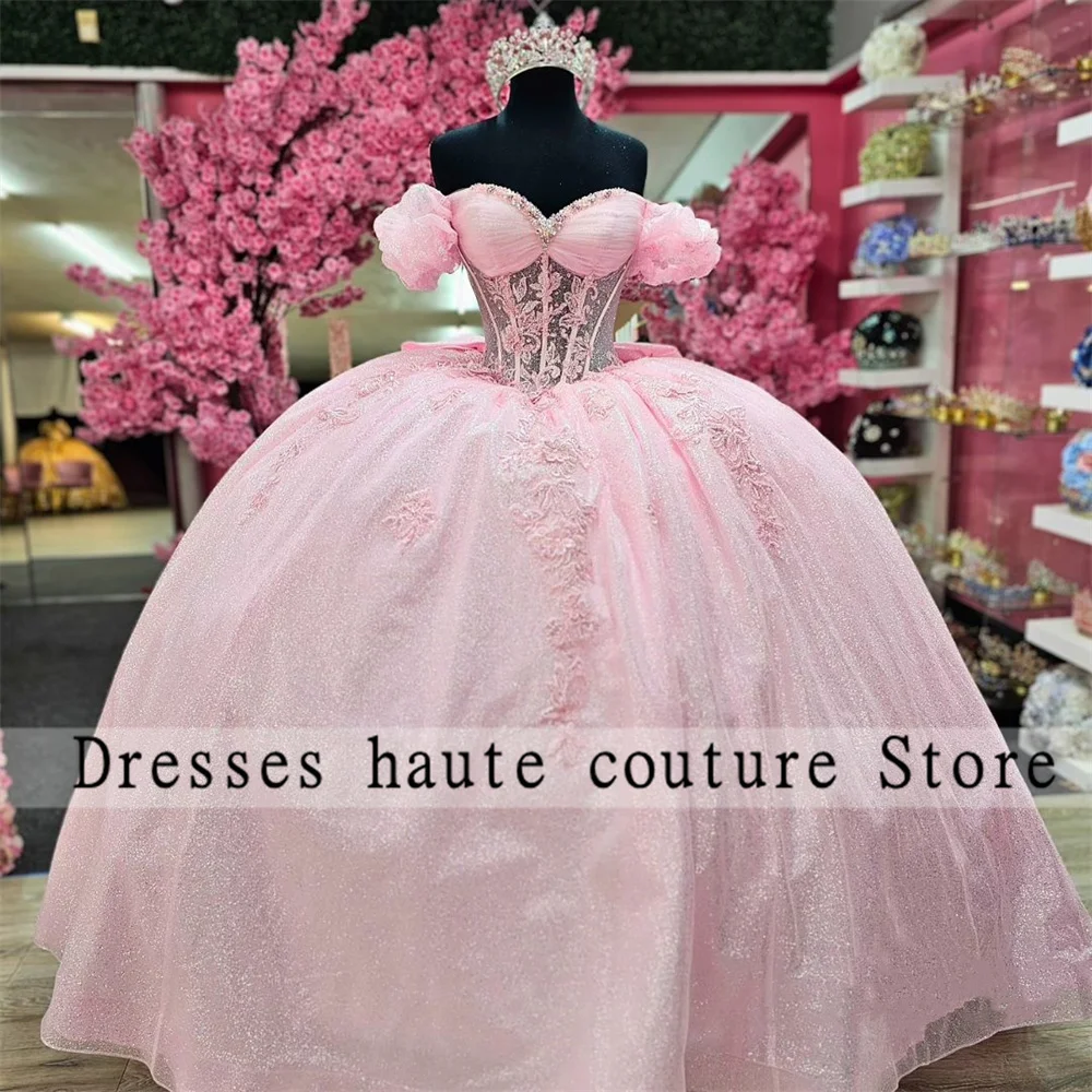 

New Arrivals Pink Lace Appliques Quinceanera Dress Ball Gown 2025 With Bow Off the Shoulder Beaded Sweet 16 Dress Birthday Dress