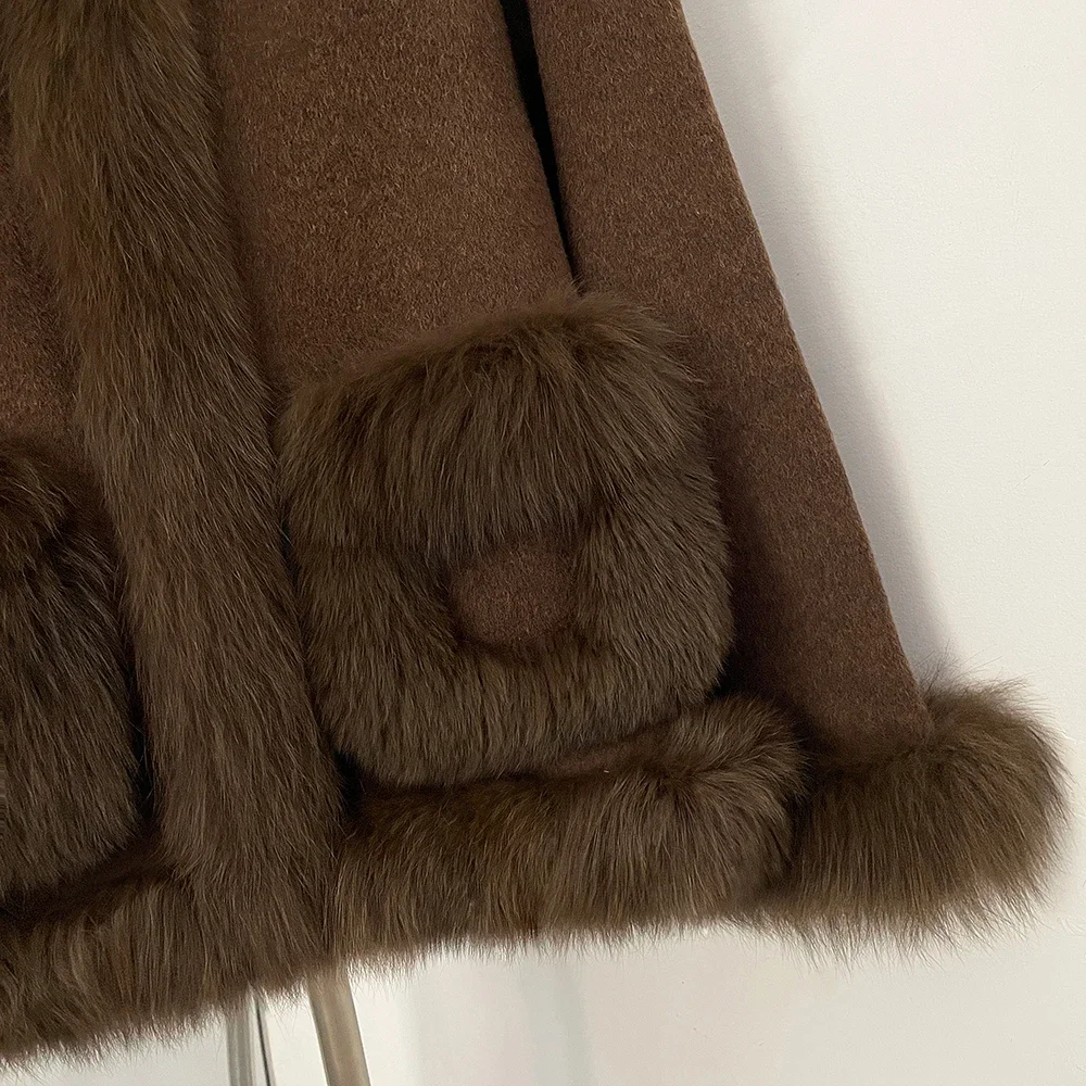 OFTBUY Neue Winter-Wolljacke für Damen, Mittellang, 100% Reine Wolle, mit Echtfuchs-Pelzkragen, Taschen und Saum – Detail 5