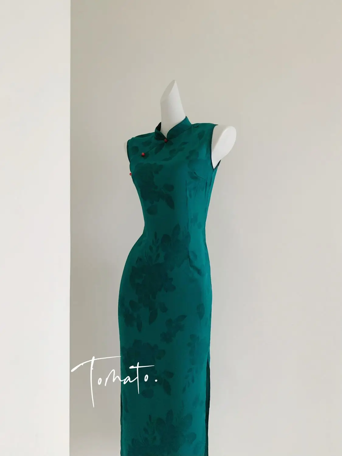 Peacock Blue Green National Style Standing Collar Buckle Dress For Women'S Summer New Jacquard Satin Cheongsam