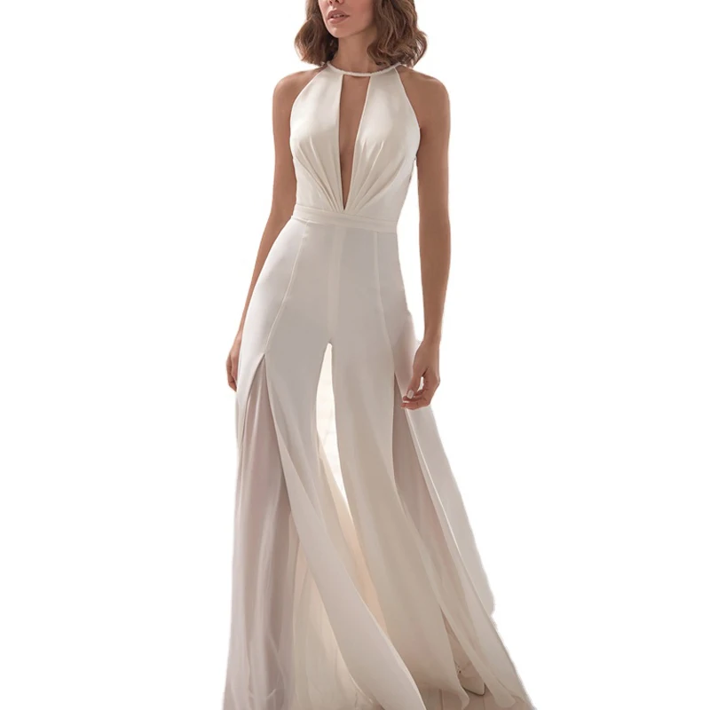 Mono Sexy con cuello en V profundo para mujer, sin mangas, Espalda descubierta, encaje dividido, blanco, informal, elegante, nuevo