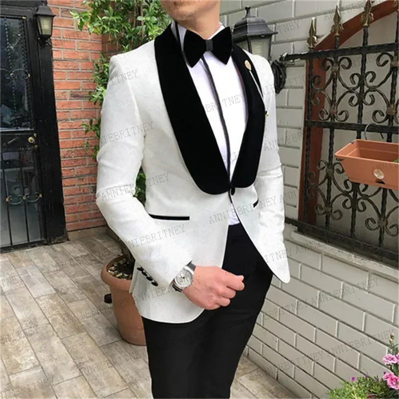 

Classic Ivory White Jacquard Men Suits for Wedding Prom Dinner Tailored Large size Groom Tuxedos Slim fit Jacket with Pants 2020