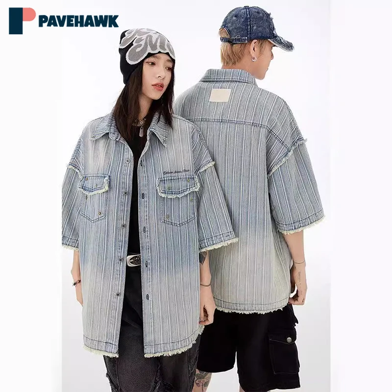 

Japanese Stripes Denim Short Sleeve Shirt Men Women Summer Loose Retro Lapel Washed Shirts Street Casual Couple Tops Cargo Coat