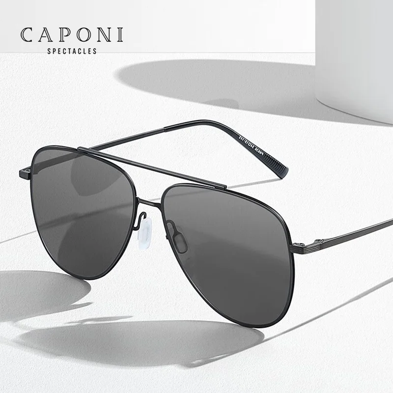 CAPONI Nylon Polarized Sun Glasses UV400 Cut Brand Designer Light Eyewear Pilot Style Driving Metal Sunglasses For Men CP8636