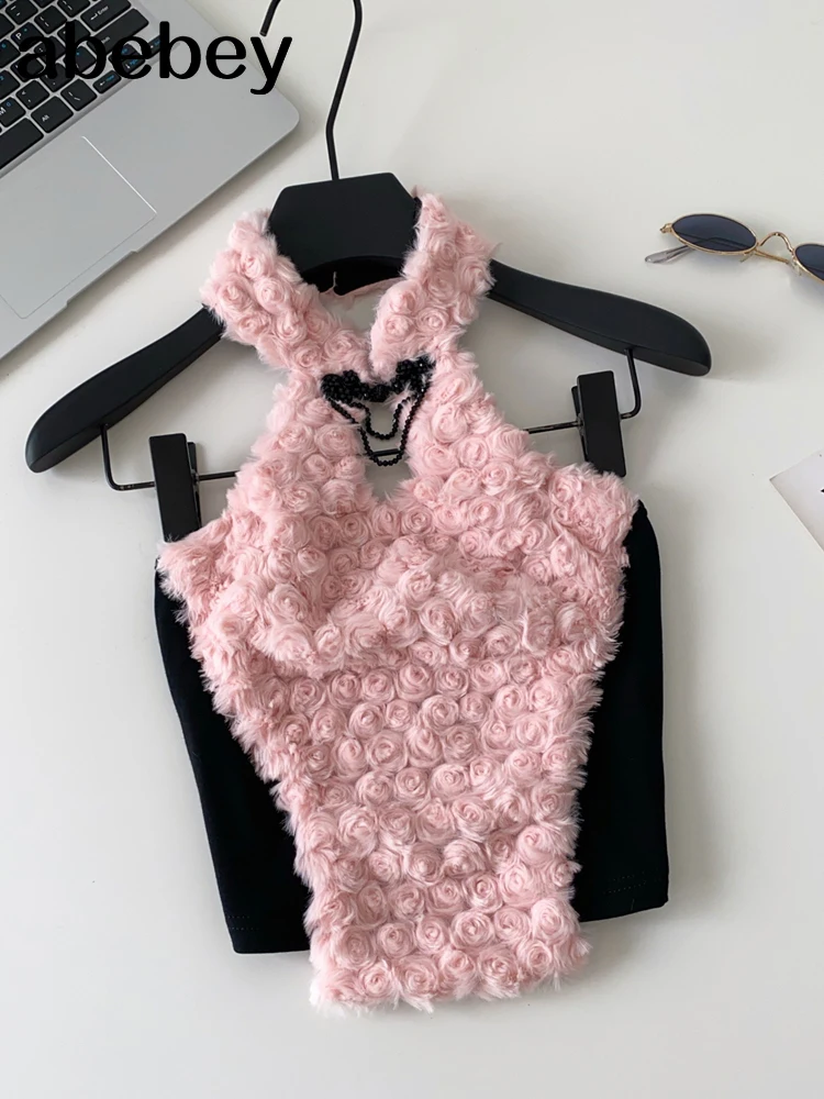 Turtleneck Fur Sexy Club Tank Top Women Fashion Bow Sleeveless Chic Camisole Streetwear Korea Fluffy Backless Mini Top