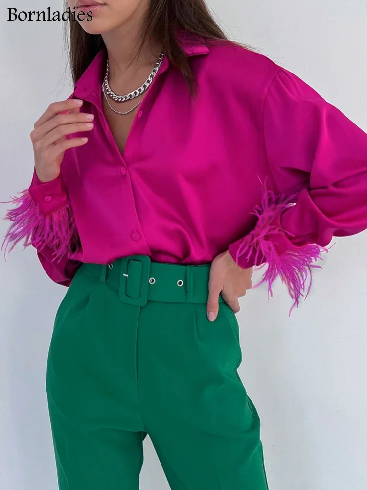 Bornladies Feather Cuffs Elegant Women Feather Shirts Rose Pink Oversized Blouses and Tops Splicing Spring Satin Office Ladies