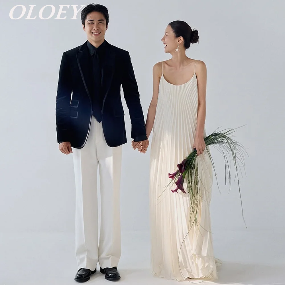 

OLOEY Simple A Line Wedding Dress Pleat Satin Spaghetti Straps Bridal Gown Korea Photoshoot 웨딩드레스 Customized Floor Length