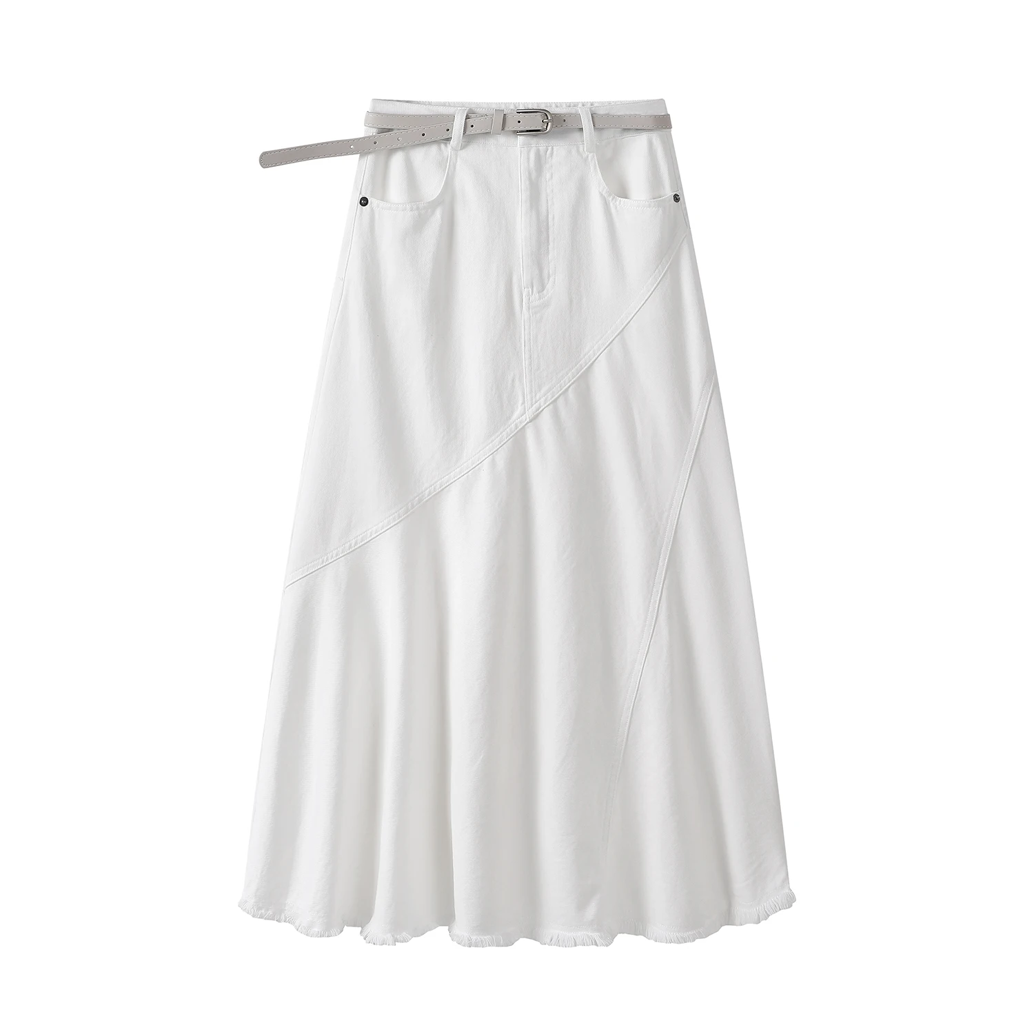 

Korean Sle High Waist A-Line Skirt Xinmon Casual Splicing Frayed Versatile Slimming Design Summer Midi Skirt