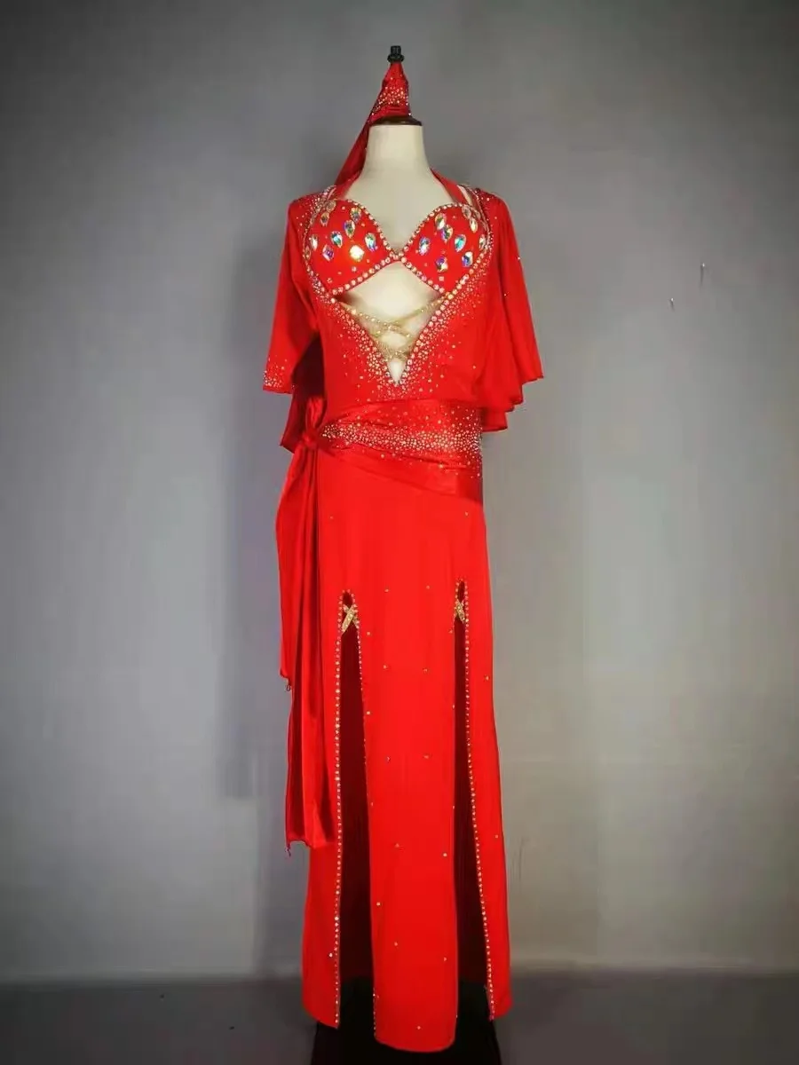 Profesjonalny strój do tańca brzucha, szyty na miarę, Saidi Baladi, zdobiony kamieniami AB, stanik + długa spódnica, kostiumy do tańca orientalnego.