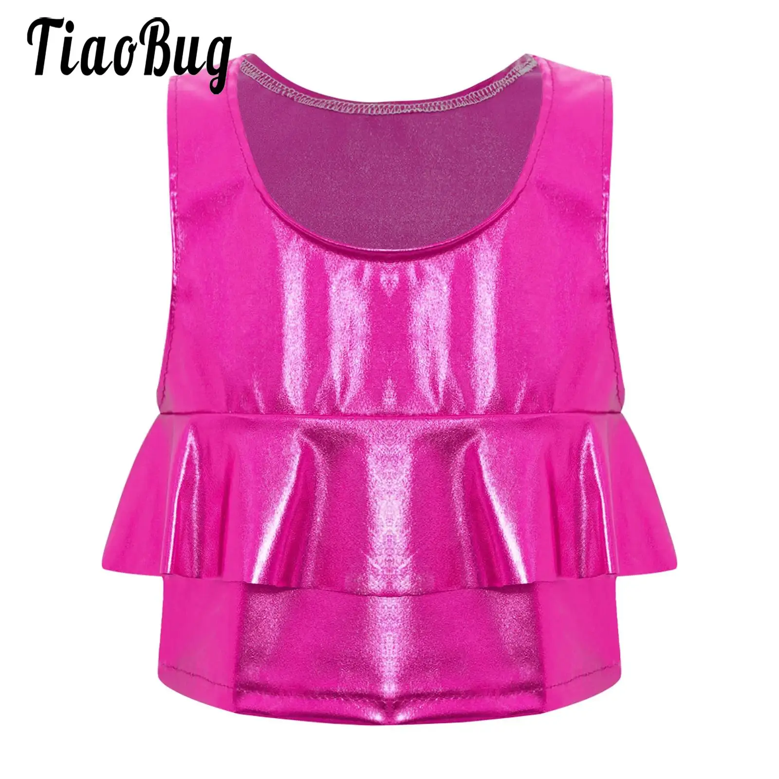 

Kids Girls Metallic Shiny Ruffled Vest Dancewear Sleeveless Cropped Tank Top for Cheerleading Jazz Dance Stage Performance Party