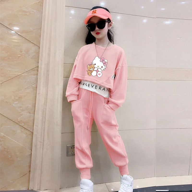 2Pcs Anime Sanrioed Kuromi Cinnamoroll Kids Clothing Hello Kittys Long Sleeves Sweatshirt Pullover Pants Casual Suit Sportswear