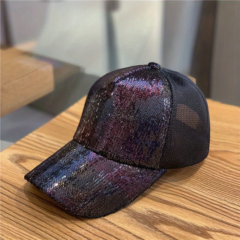 

Breathable Mesh Hip Hop Cap with Sequined Color Block Design Adjustable Dad Hat for Sports Street Fashion
