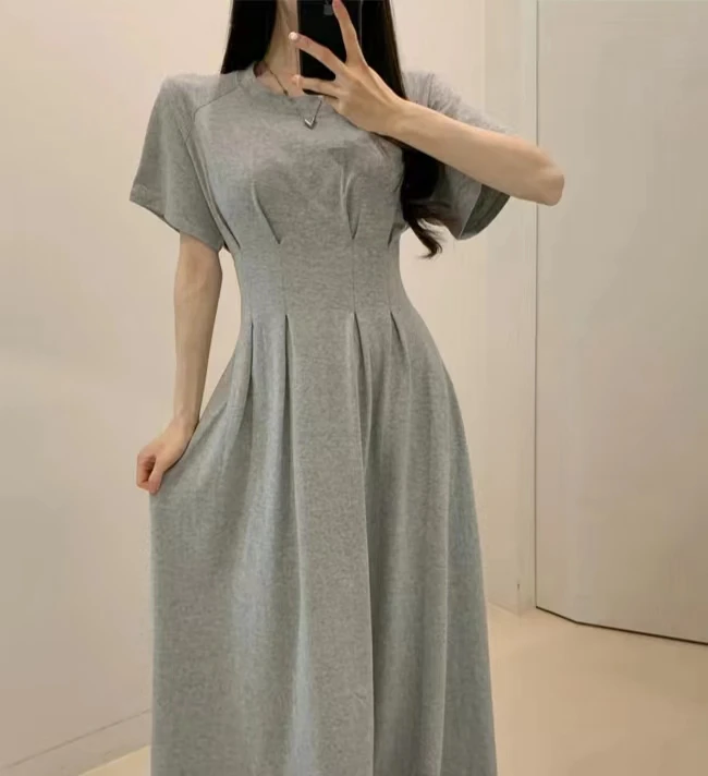 Chic rond Ne T-shirt Dr femme coupe ajustée jupe longue grande balançoire coton printemps été ort Sve trajet Sle Ele