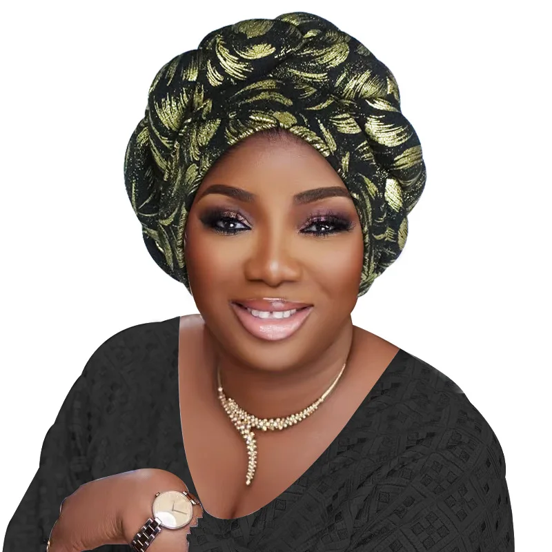 Gorro turbante de tela con estampado dorado para mujer, gorro con trenzas, cubierta para la cabeza para mujer, sombrero musulmán, tocado africano para mujer