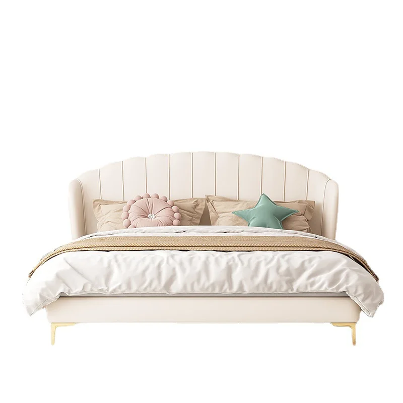 First layer leather modern simple Nordic light luxury double master bedroom 1.8m petal bed