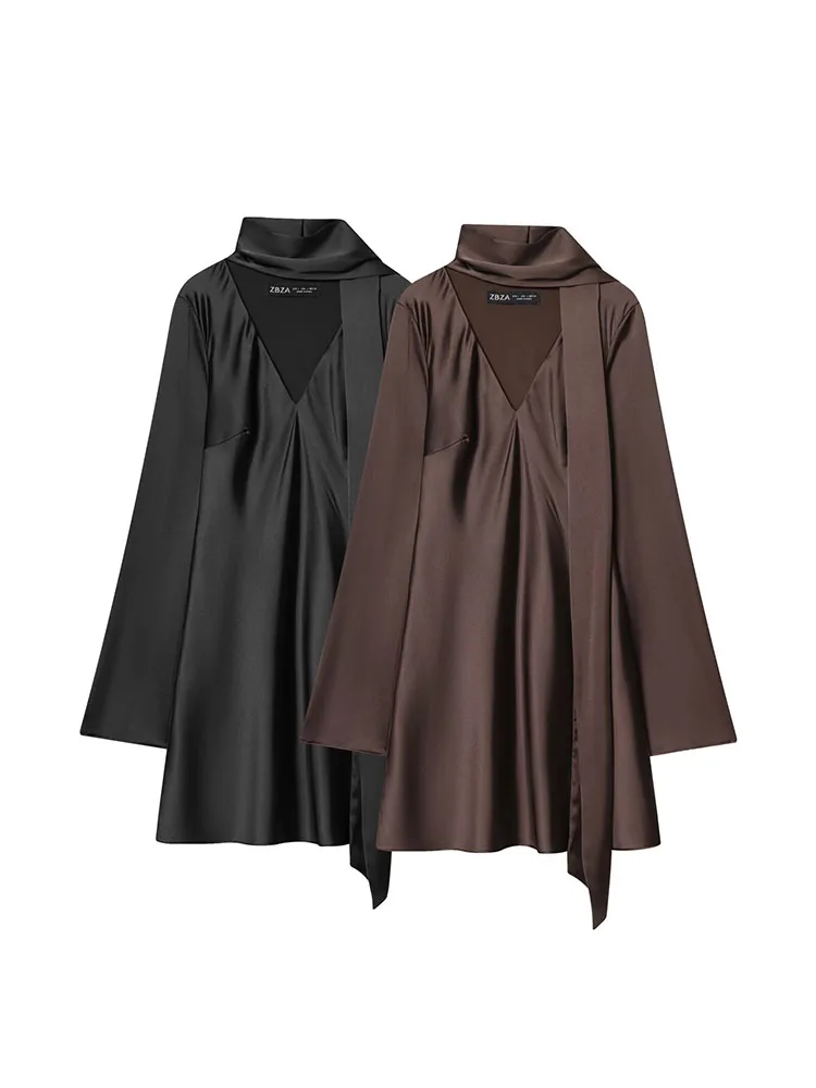 HH Women's French Scarf Decorated V-Neck Mini Dress Silk Satin Texture Light Luxury Elegant High Waist Slim Party Dress