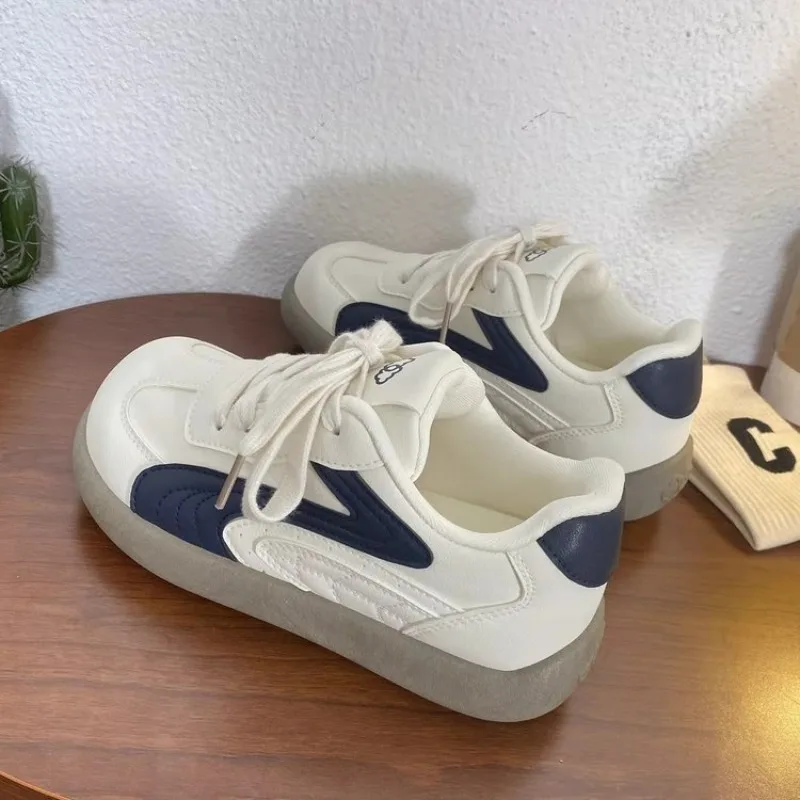 Vintage Women Chunky Sneakers White Navy Splicing Lace‑Up Thick Bottom Casual Sports Shoes Comfortable Daily Walking Footwear - view 4