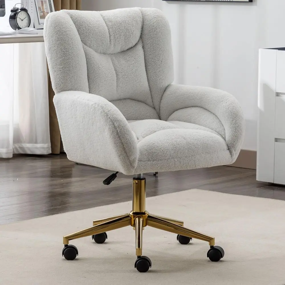 

Cute Vanity Chair with Back or Bedroom, White Teddy Oice Chair Comy or Oice, Adjustable Heigh, 360 Swivel and Gold Base (White）