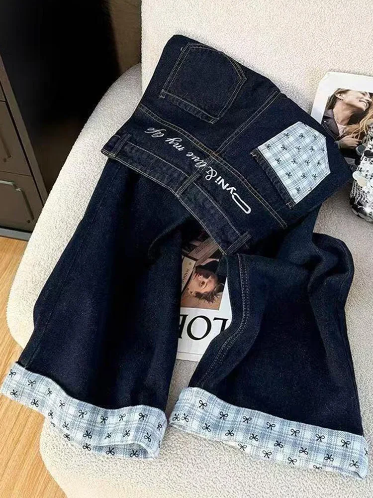 

Women's Plaid Patchwork Jeans 2025 Spring New High Waisted Bow Embroidered Straight Leg Pants American Vintage Wide Leg Trousers