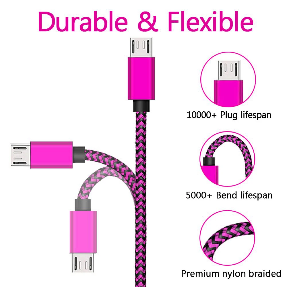Nylon Braided USB Micro Cable 2.4A Fast Charging Sync Charger for Samsung Android Mobile Phone