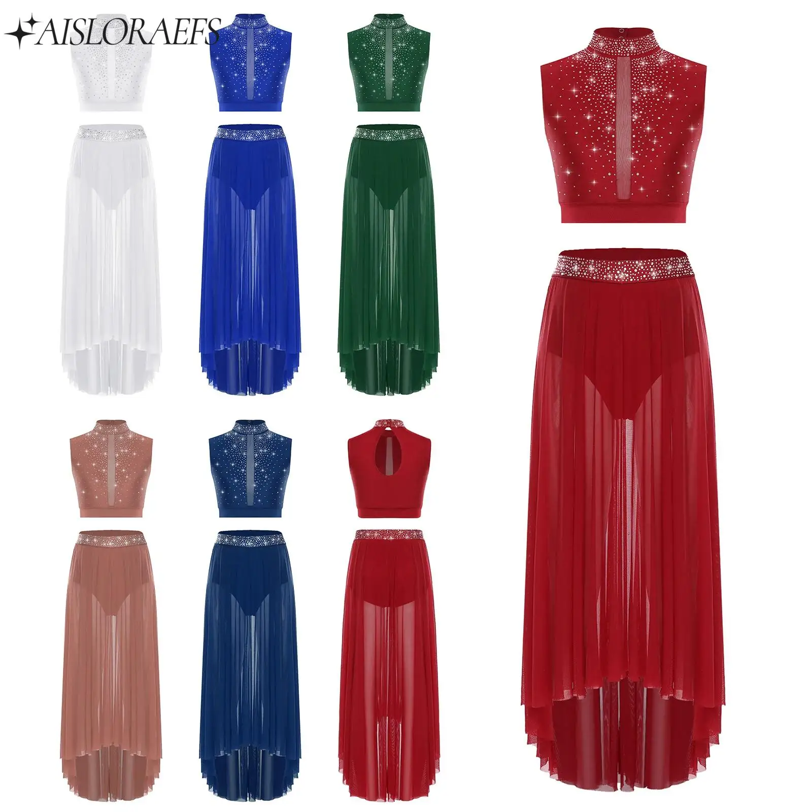 

Women Sleeveless Ballet Lyrical Modern Dance Set Rhinestones Crop Top+Mesh Skirts Ice Skating Gymnastics Performance Outfit Suit