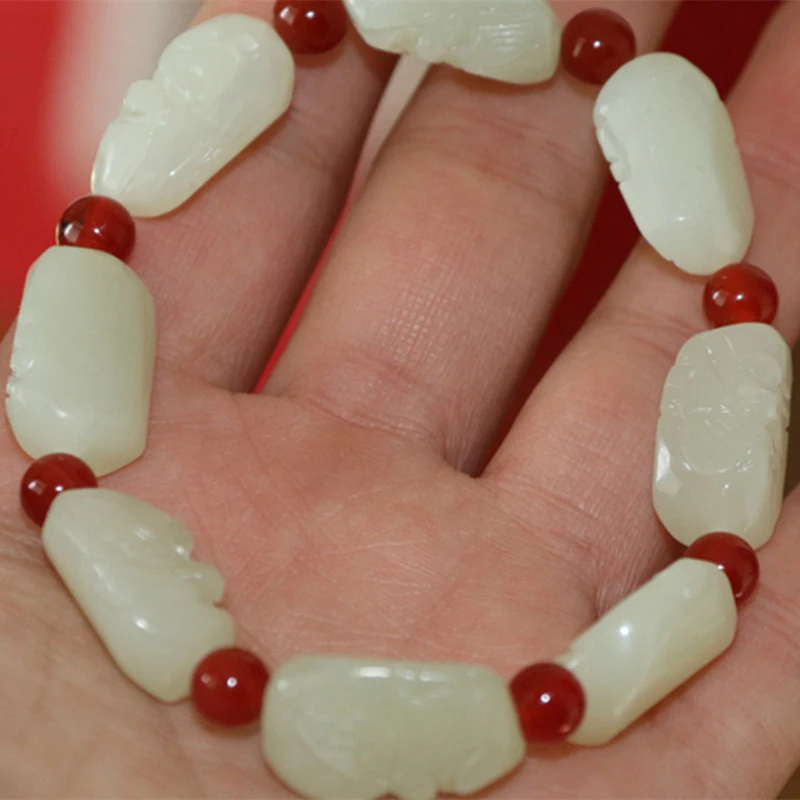 Hotan Irregular Shape Stone Eighteen White Jade Arhats Bead Bracelet Men and Women Wholesa