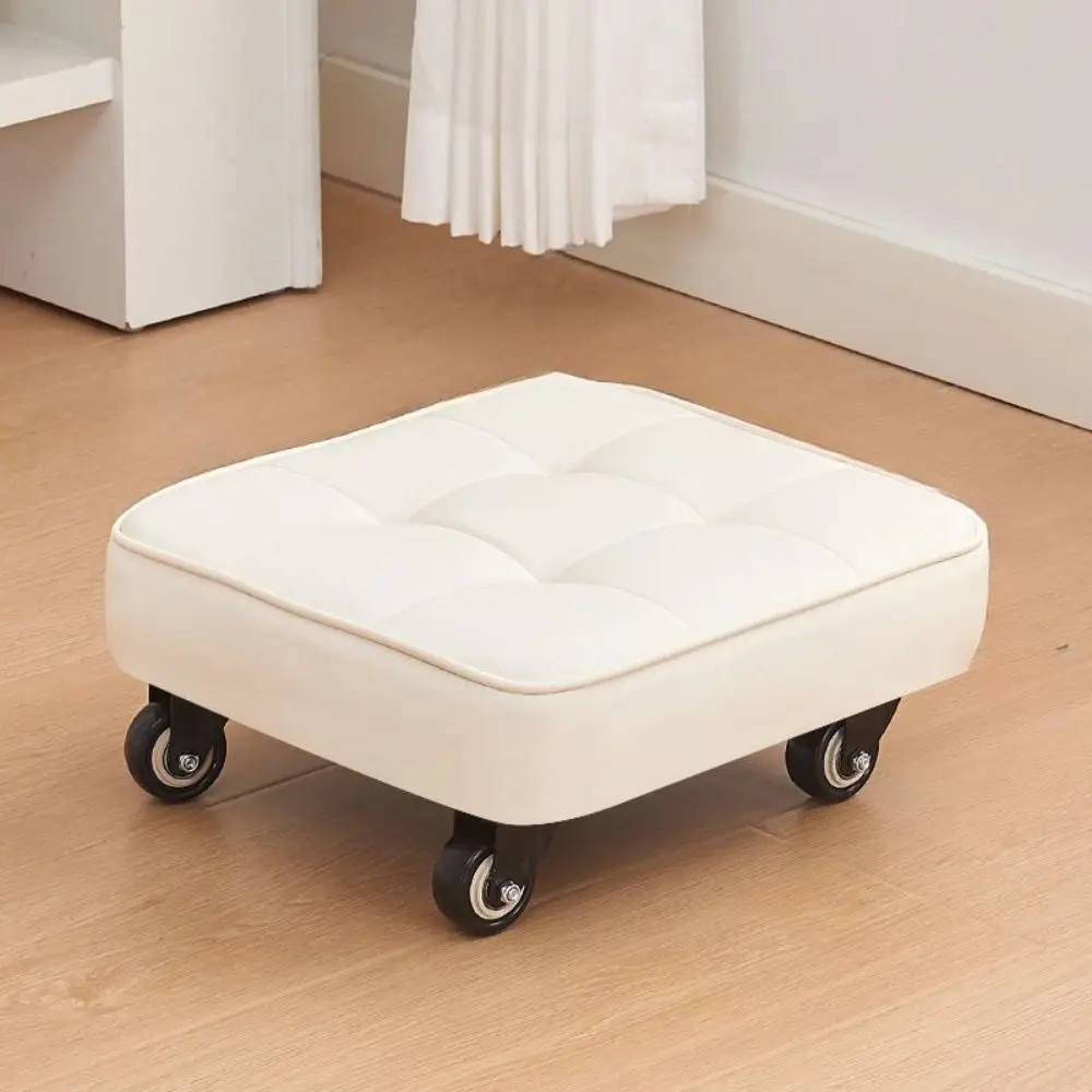 Upholstered Swivel Caster Stool Square Shape Stitched Low Sliding Bench Rounded Edges Portable Foot