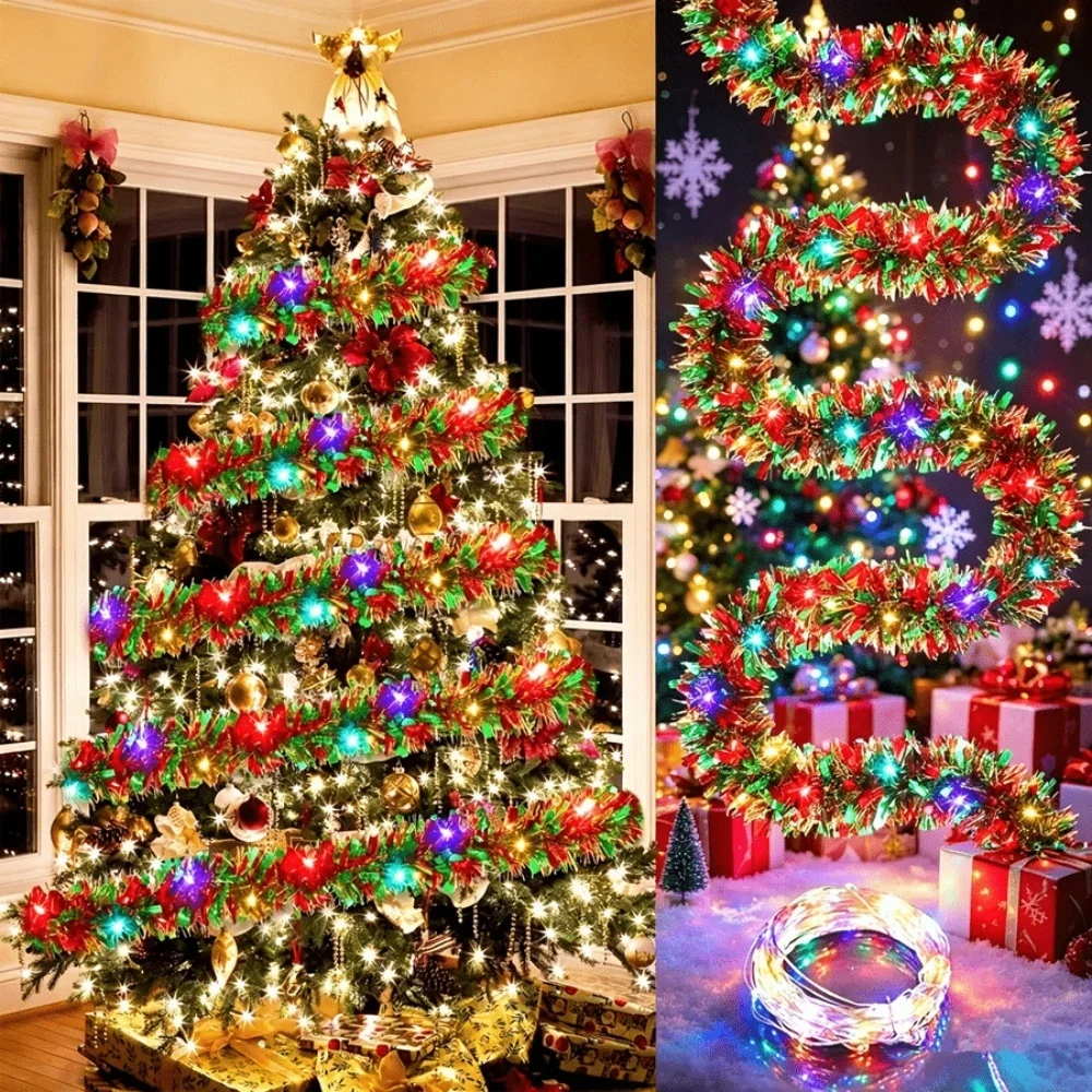 5m/50leds Christmas Tinsel Garland Metallic Shiny Garland with LED Lights Xmas Tree Garland Thick Hanging for Home Decoration