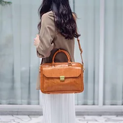 Maleta de couro genuíno para mulheres, couro real bolsa de escritório, alta qualidade, designer de moda de luxo, trabalho diário, laptop, vintage