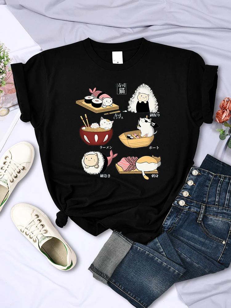 Sushi Cat's Day Harajuku Print Female Shirts Fashion Sweat T-Shirts Hip Hop Brand Tee Clothes Breathable Summer Hip Hop Tops