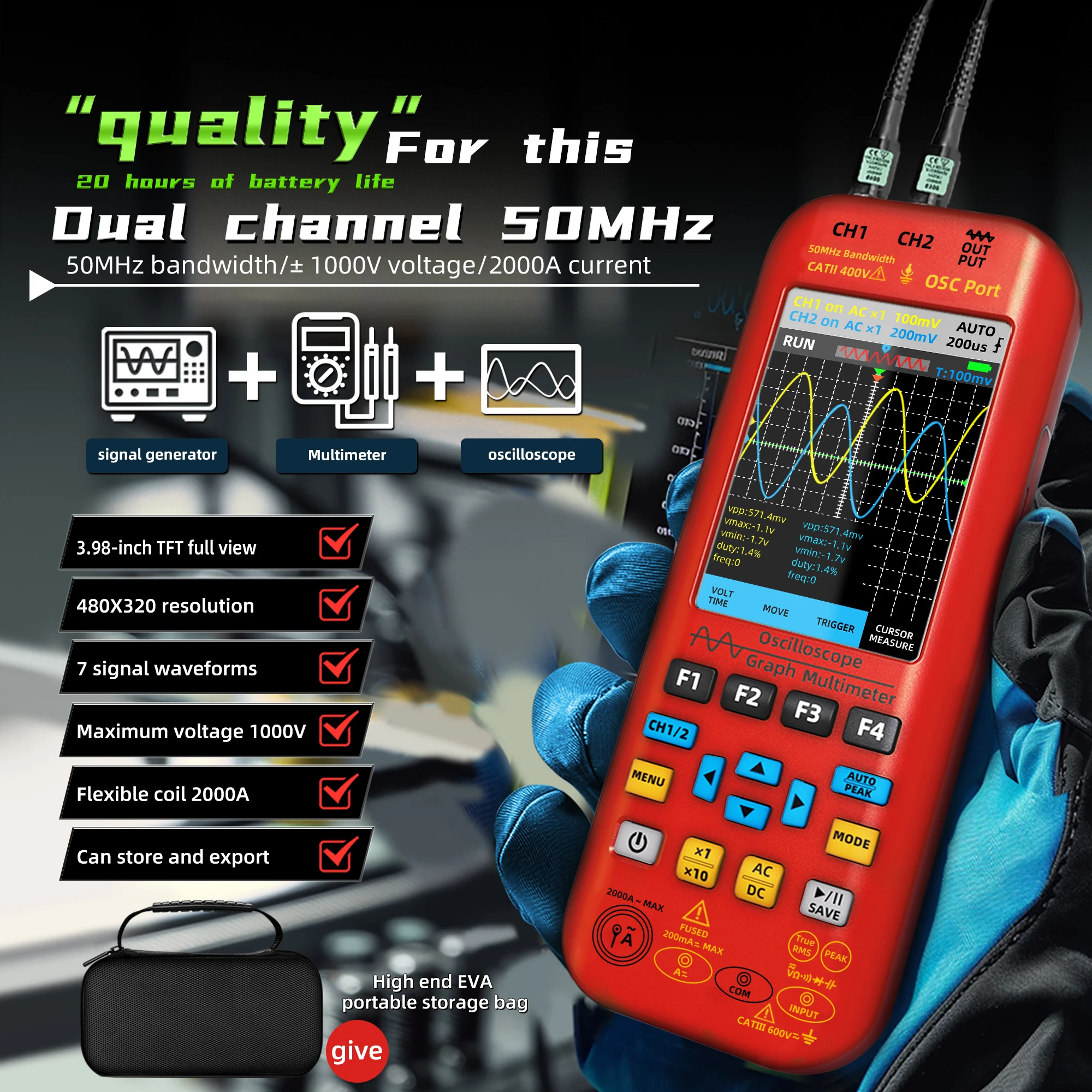 BSIDE NEW Handheld Oscilloscope Digital Multimeter+Function Signal Generator 3-IN-1 Dual Channel 50MHZ*2 250MS/s Graphic Meter