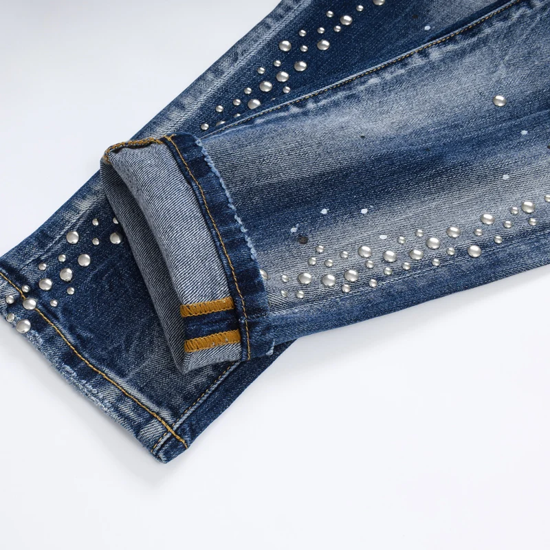 Fashion New Men'sY2K Retro Blue Cowboy Beaded Washed Water Nostalgic Perforated Patch Elastic Slimming Jeans Hip Hop Brand High
