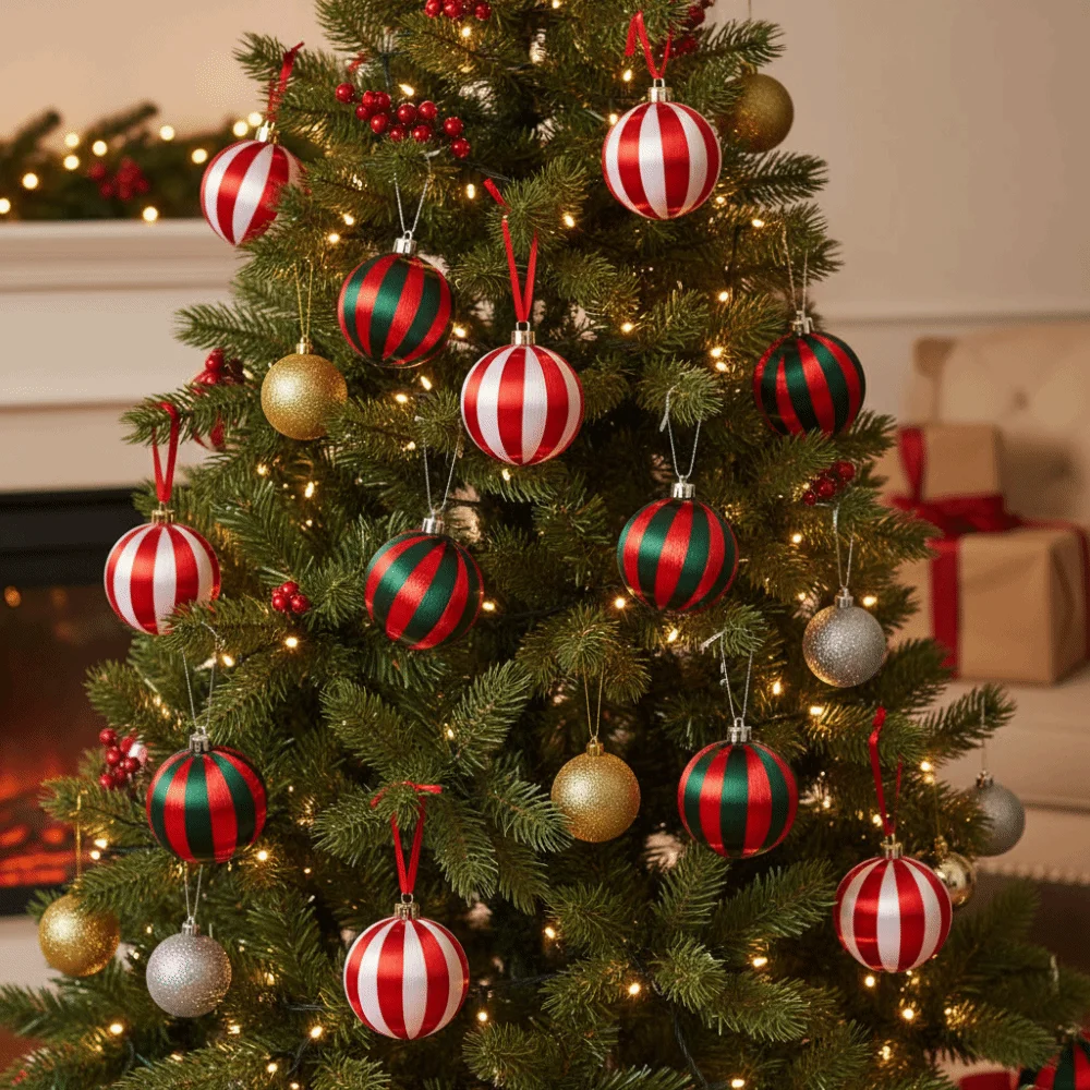 

6Pcs Creative Christmas Ball Ornaments 8cm Shatterproof Xmas Tree Decoration Balls Elegant Red White Striped