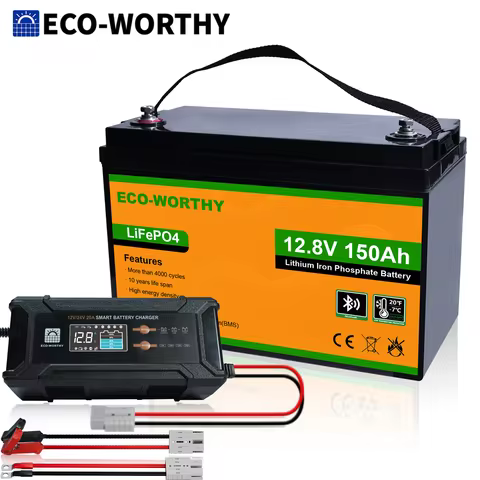 ECO-WORTHY 1920Wh 12V 150Ah Bluetooth LiFePO4 with Lithium Battery 20A Charger for RV, Marine, Solar Off-Grid System, Household