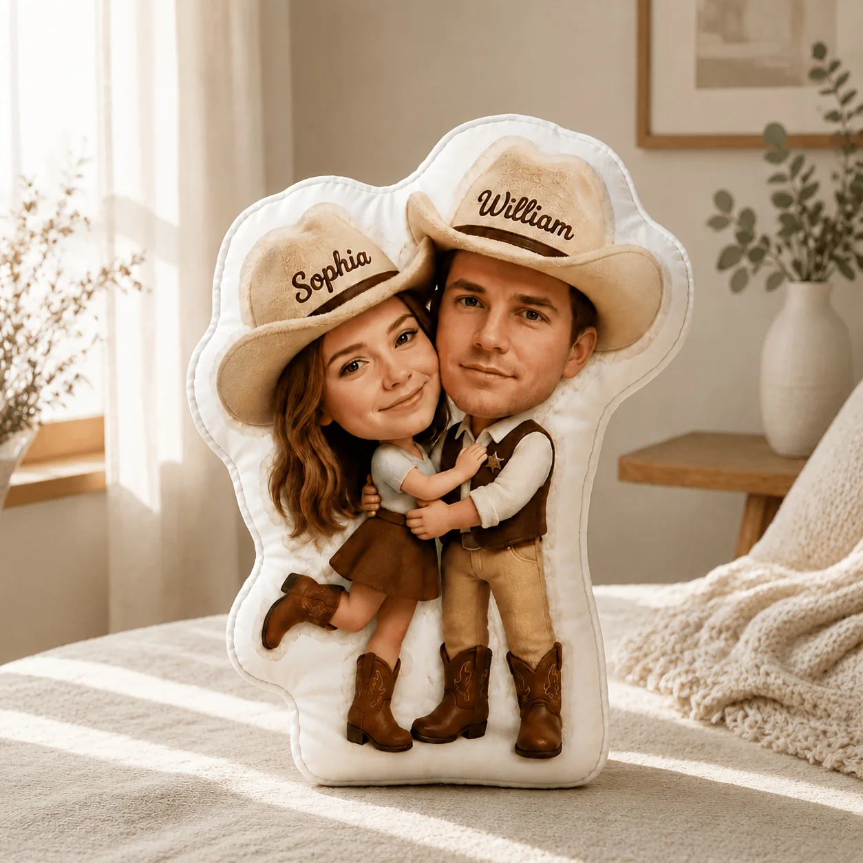 Custom Personalized Photo Couple Shaped Pillow, Western Cowboy Style Decorative Cushion with Name, Unique Home Decor Accent for