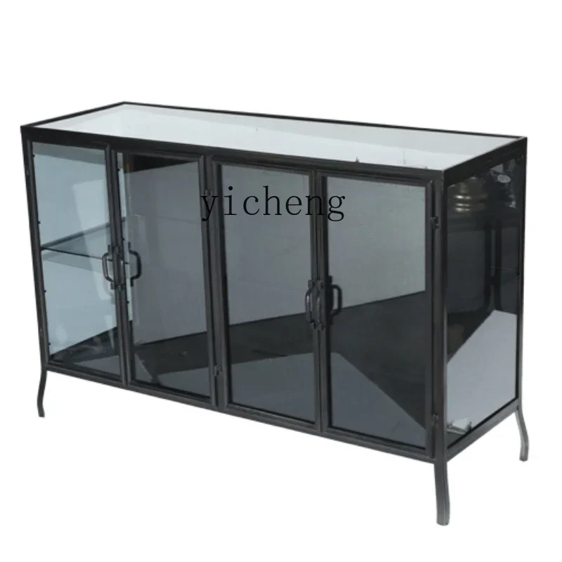 

ZC minimalist design furniture wrought iron dining side cabinet retro glass cabinet layered storage display cabinet