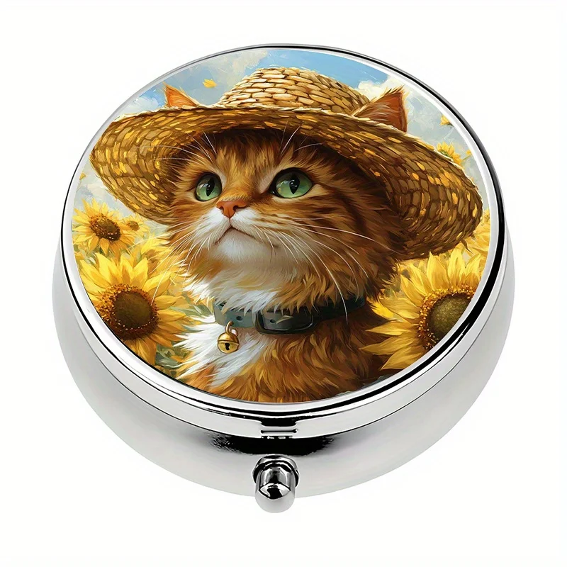 Single-piece, flat, round three-compartment pill box, designed with a straw-hatted cat and sunflower circular pattern, featuring a colored glass window, compact metal jewelry box, suitable for personal use or as an exquisite gift option