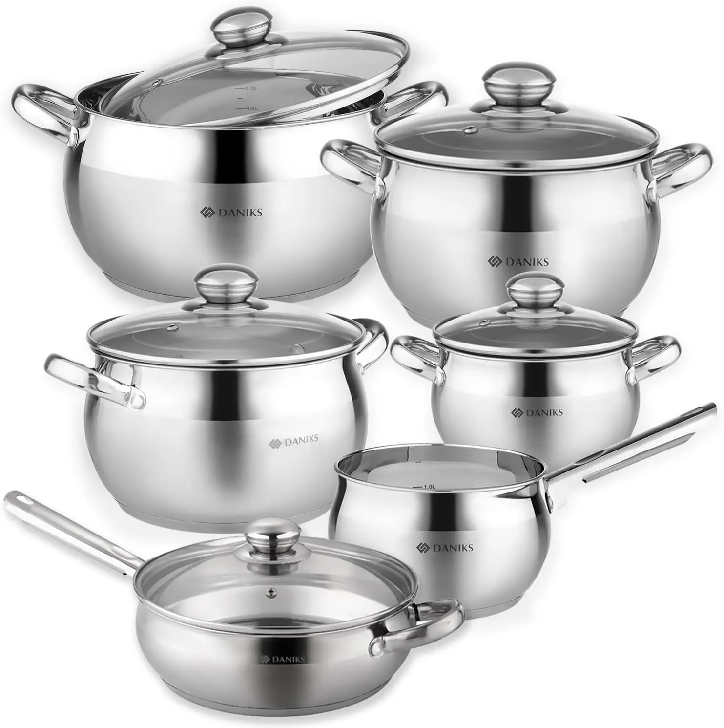 

Classic Frying Pan Included, 11-Piece Stainless Steel Induction Cookware Set, Dishwasher Safe Pots and Saucepan, Glass Lids, Mea