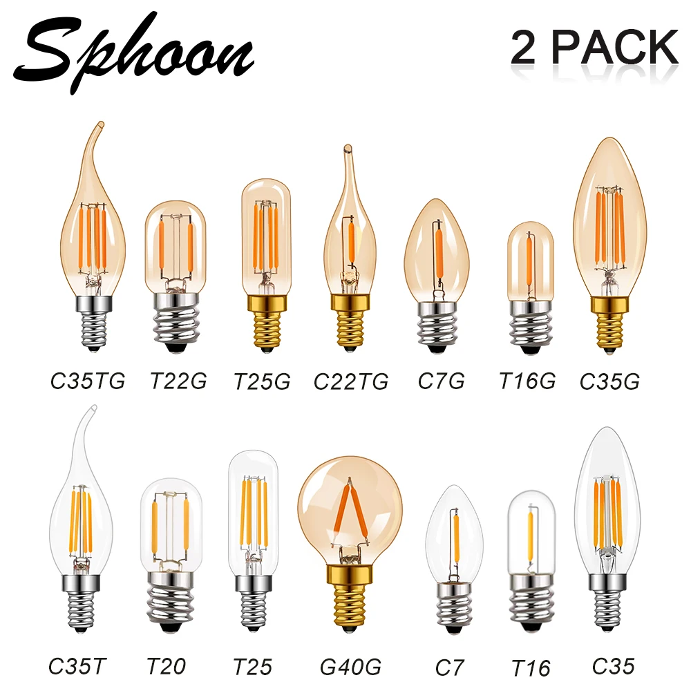 

2PCS/Lot E14 Retro LED Spiral Filament Light Bulb Warm White 2200K 220V 110V C35 C35T C7 T22 T25 G40 Candle Vintage Edison Lamps