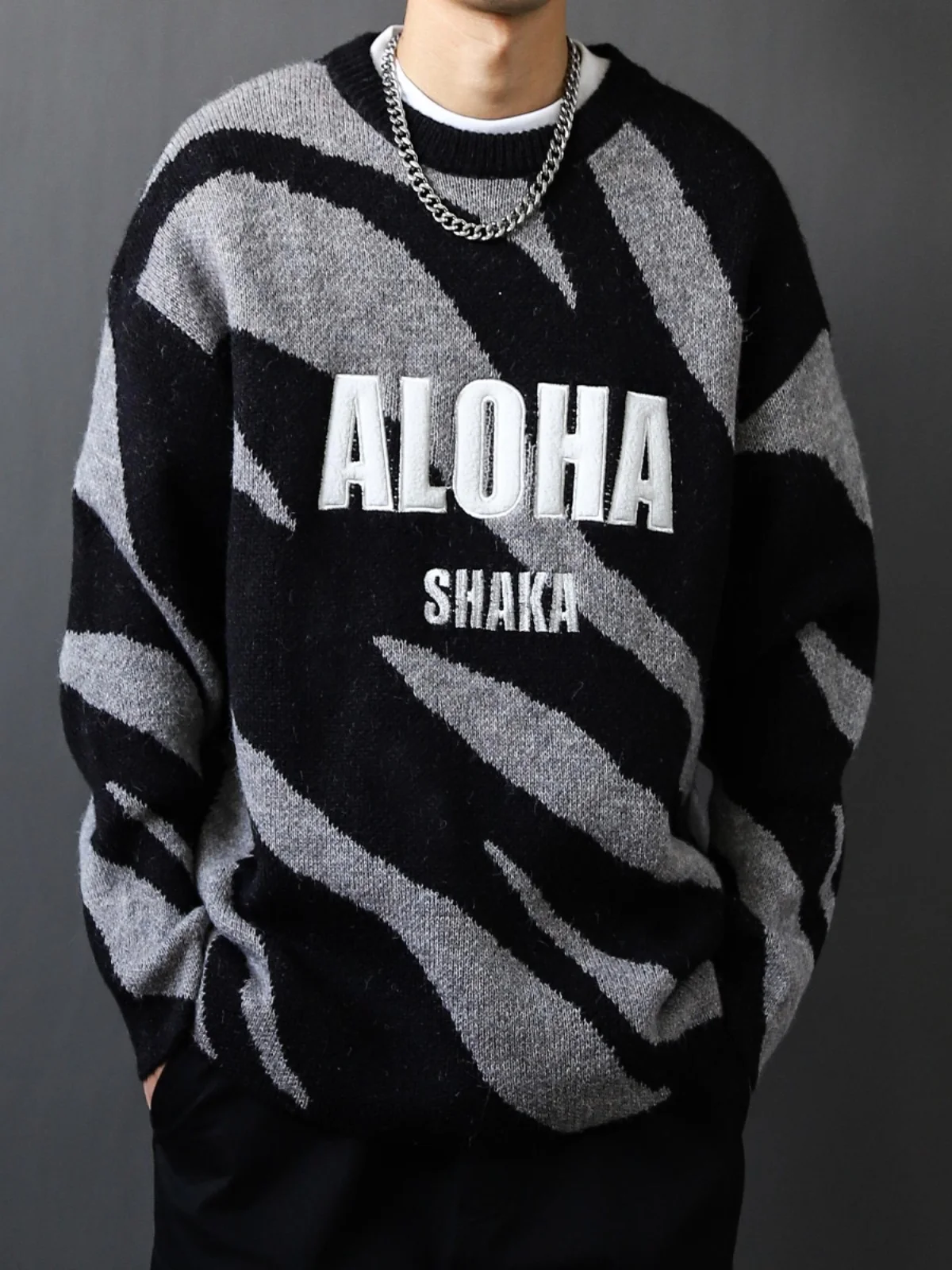 

Laid-ba Sle Zebra Pattern Knitwear Loose Fit ex Autumn Winter Casual Sweater Trendy Versatile M Faion