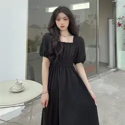 Summer 2025 New Retro French Over-knee Long Skirt Waist Slimming Bubble Square Collar Short Sleeve Dress Women's Skirt