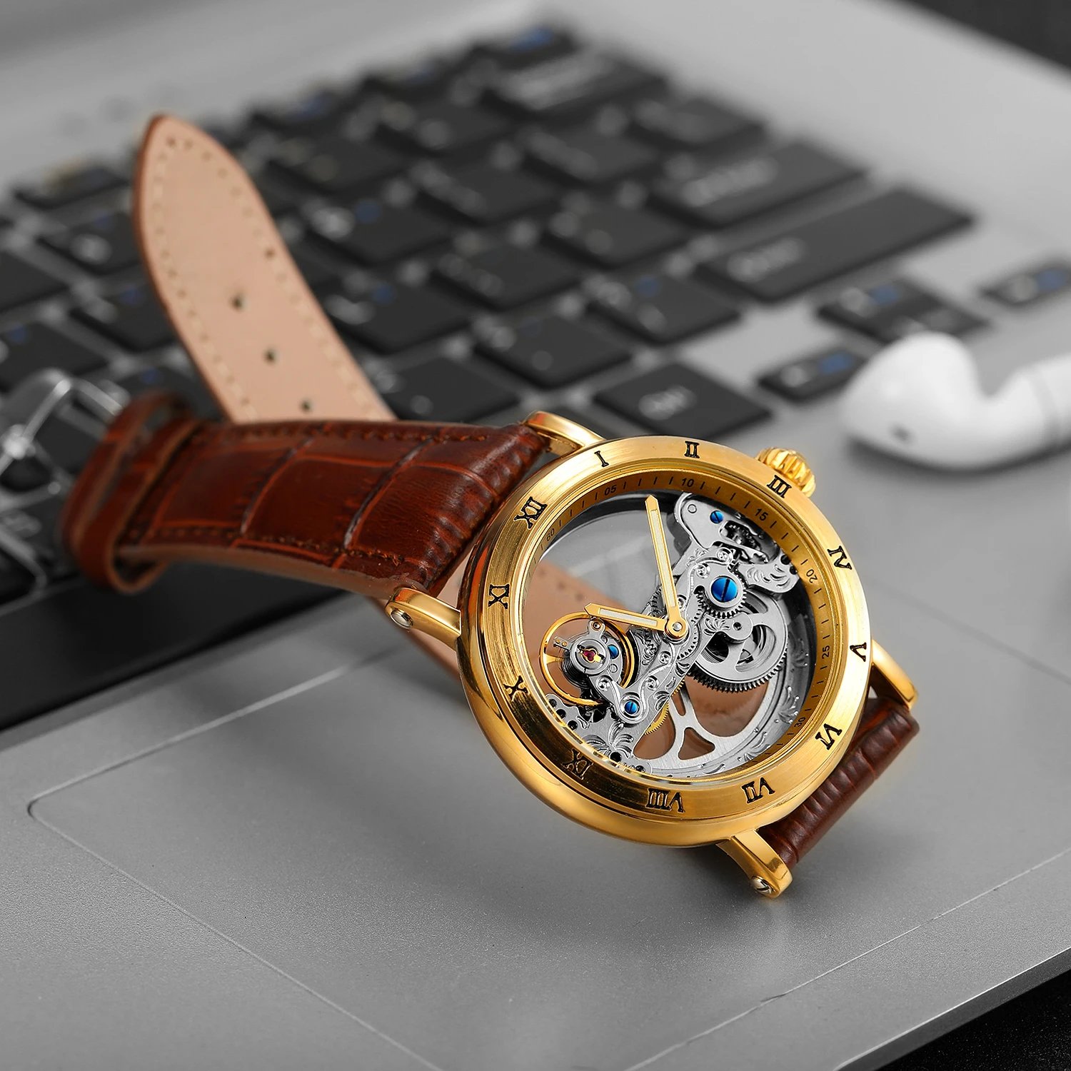 Forsining Luxury Mechanical Watch for Men Golden Bridge Skeleton Automatic Watches Retro Leather Steel Strap Business Wristwatch