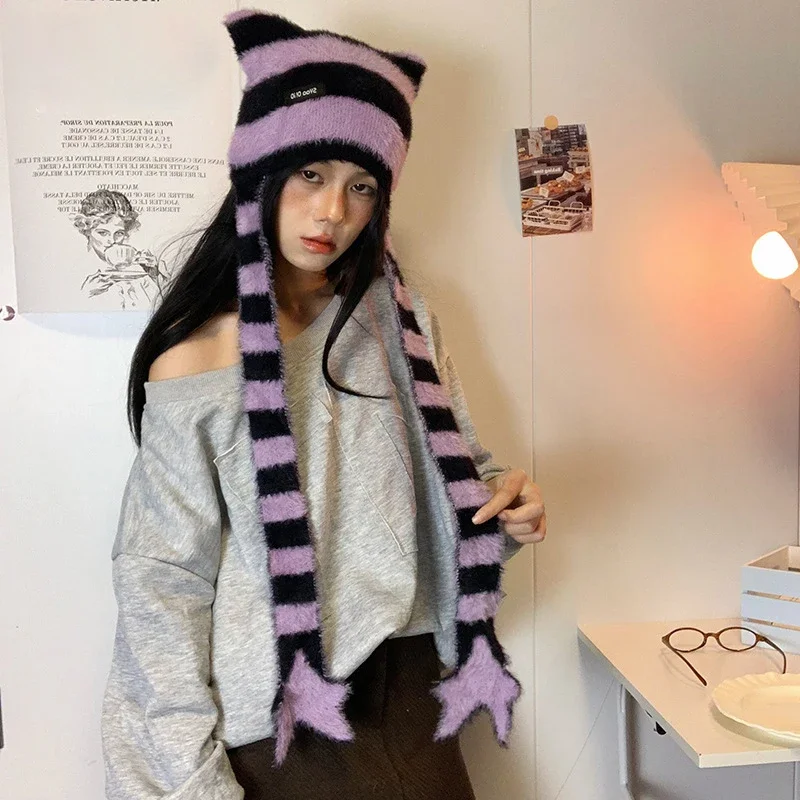 Y2k ثقافة فرعية فتاة حلوة بارد نمط قبعة نجمة مخطط أفخم محبوك قبعة