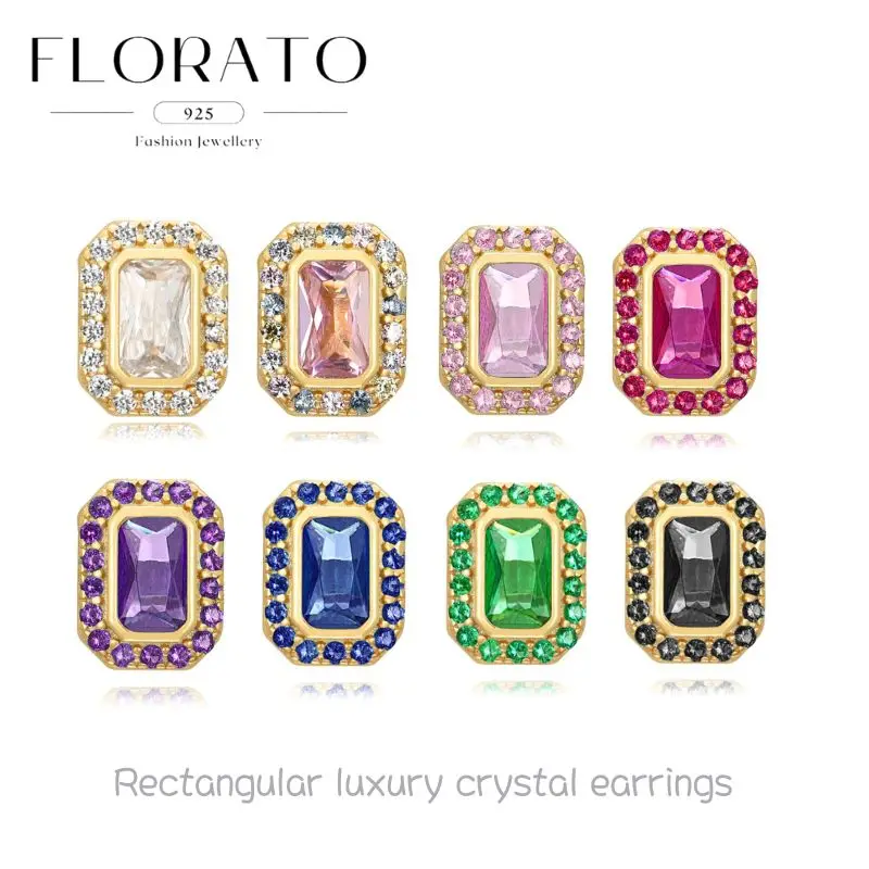 

925 Silver Ear Needles Rectangular Full-studded Zircon Multi-color Studs Luxury Crystal Earrings Fashion Party Jewelry Gifts