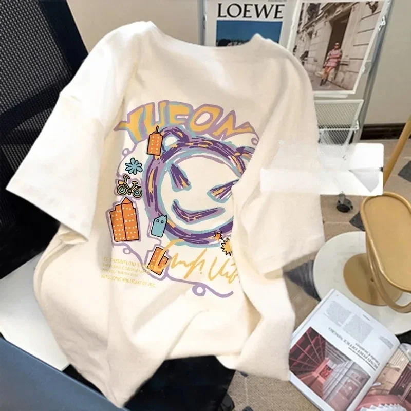 T-shirt da donna estive vestibilità ampia Camicie grafiche casual T-shirt casual a maniche corte nere da donna T-shirt Harajuku con o-collo