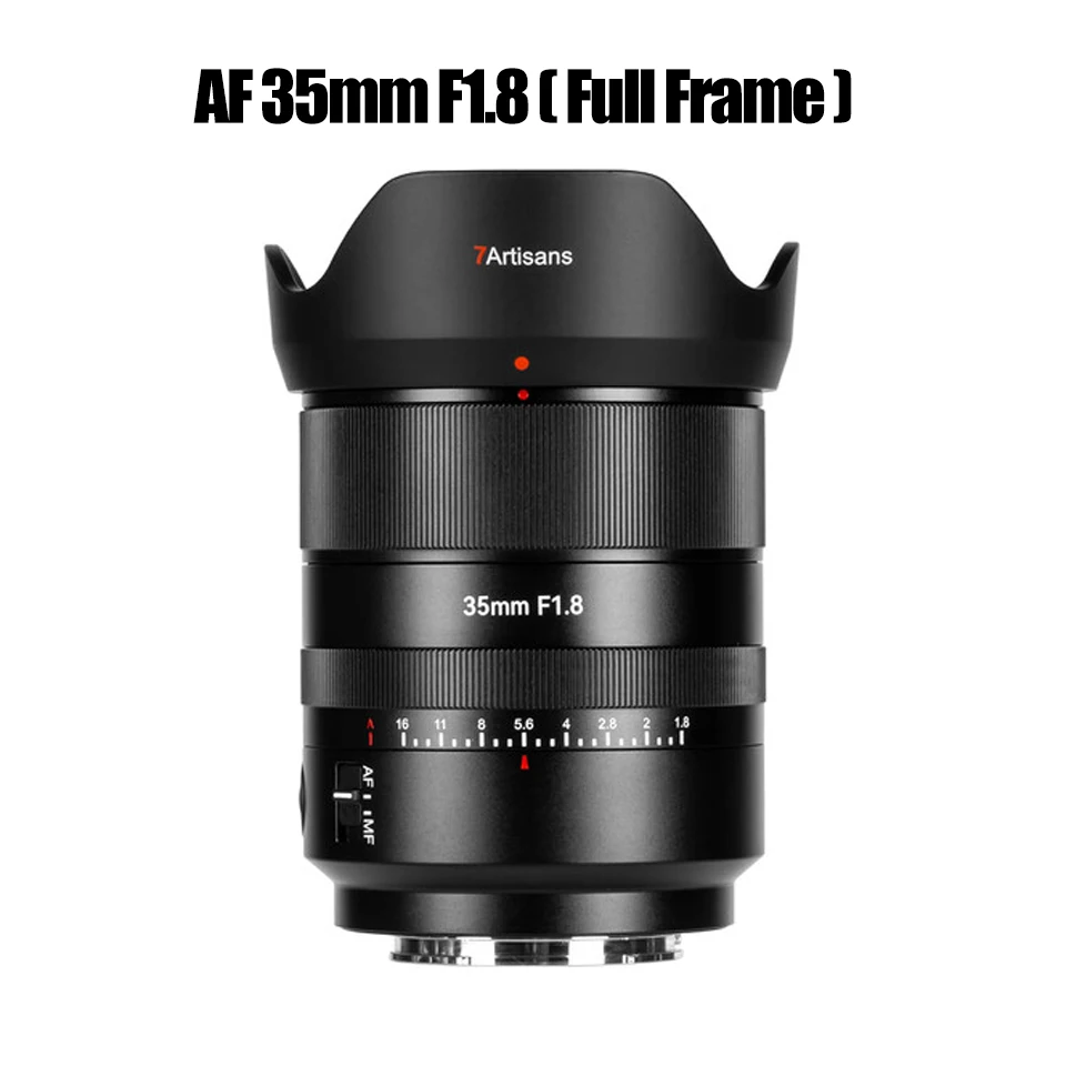 7artisans AF 35mm F1.8 Full Frame lens met groot diafragma voor spiegelcamera's, ideaal voor portretfotografie, compatibel met Sony FE, Nikon Z en L-bajonet.