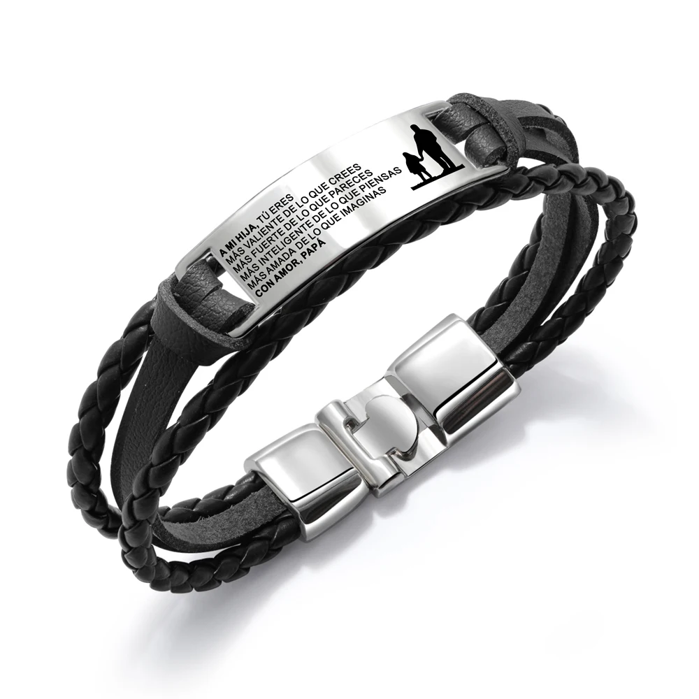 Español Spanish To My Daughter Hija From Daddy Papá Hand-Woven Bracelet  Engrave Leather Stainless Steel Bracelets Brazalete