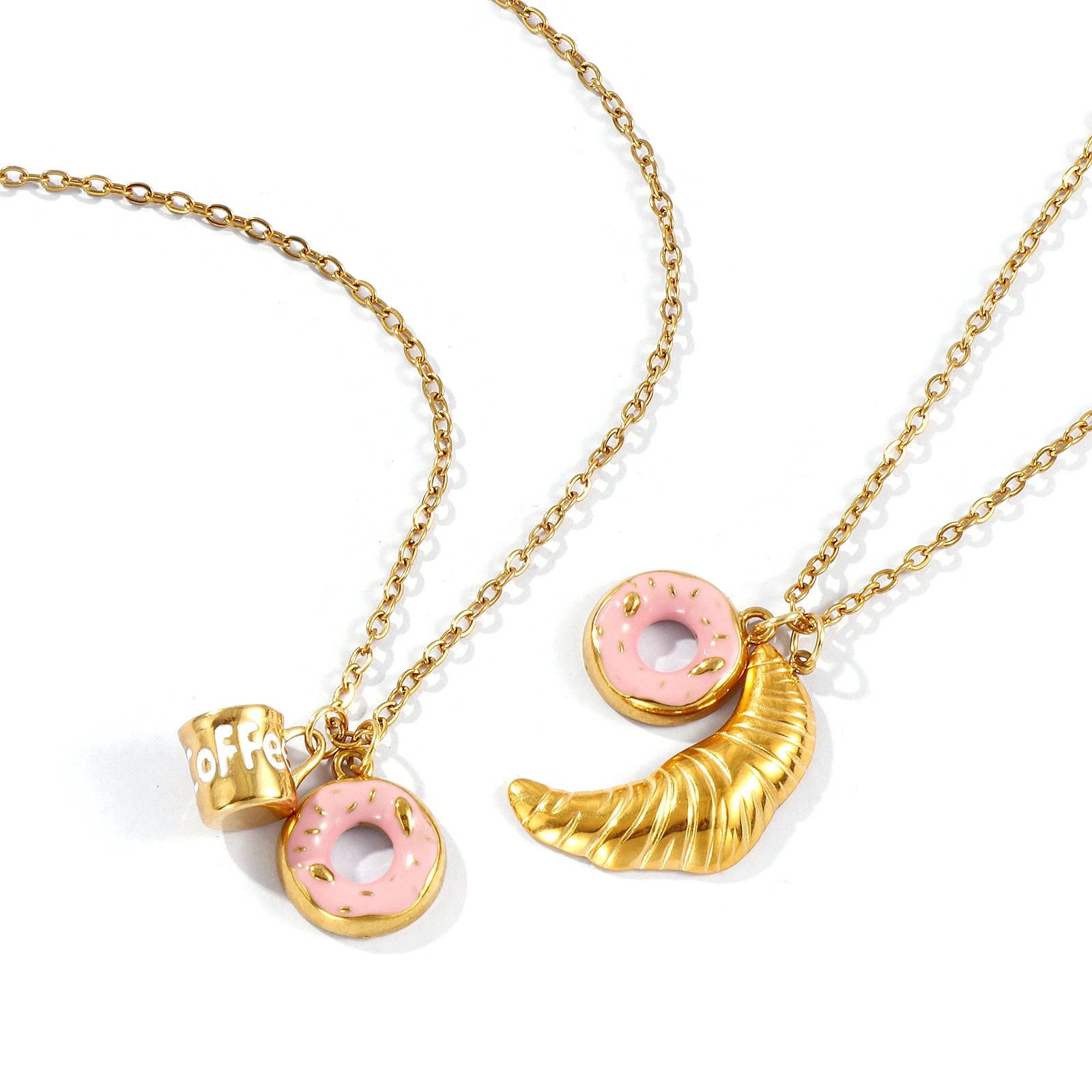 1 Piece Pendant Necklace 304 Stainless Steel 18K Gold Plated Chain Pink Enamel Donut Coffee Charm For Women 45cm(17.7