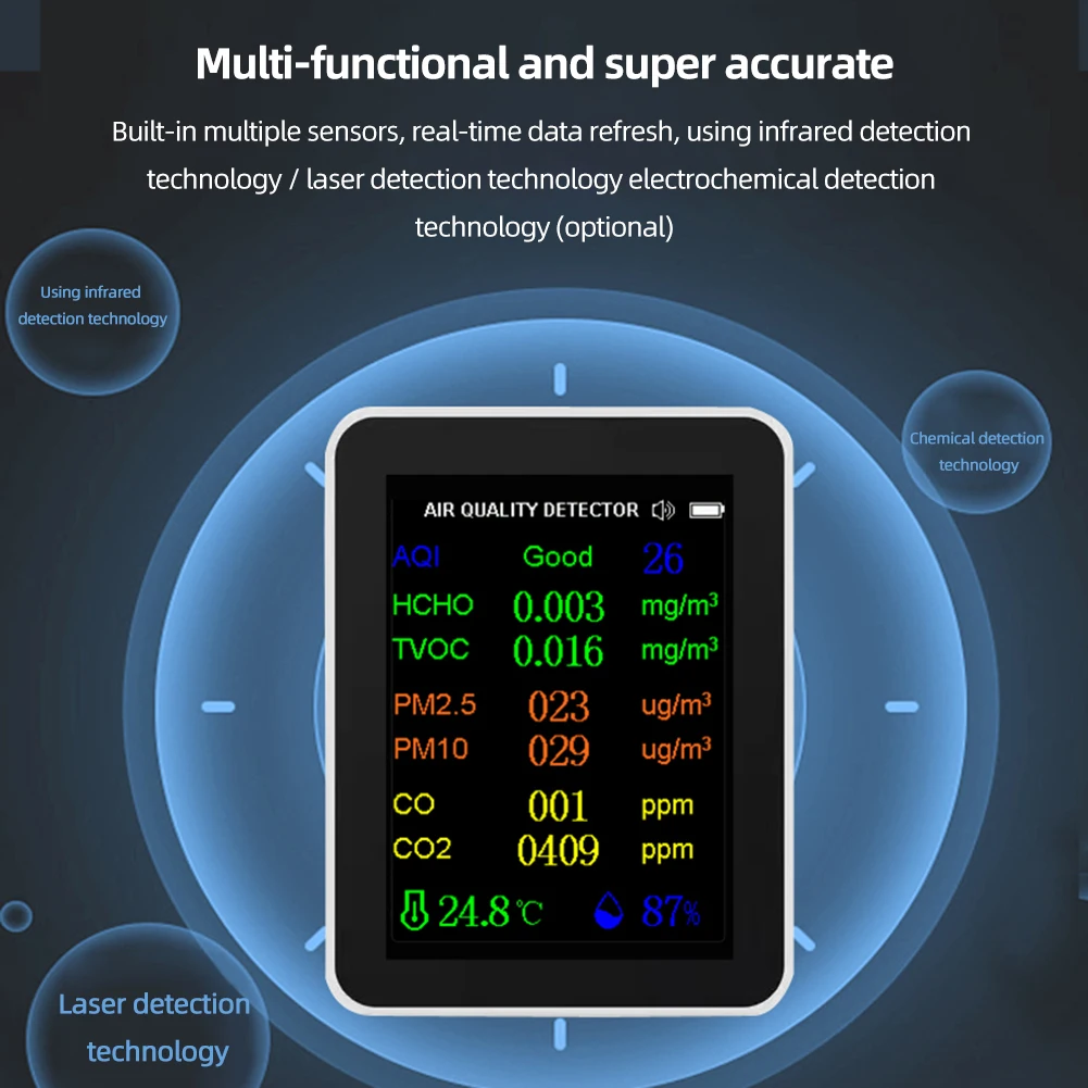 ９in 1 Formaldehyde Detector LCD Large Screen Display Digital AQI M2.5 PM10 HCHO TVOC CO CO2 Meter Multifunctional for Household