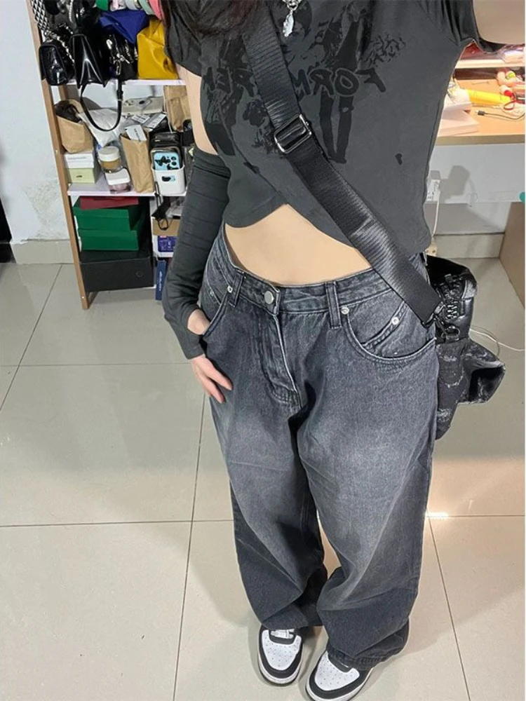 QWEEK Jeans larghi neri Vintage donna Streetwear coreano Oversize Harajuku pantaloni a vita alta Grunge Y2K Denim pantaloni a gamba larga