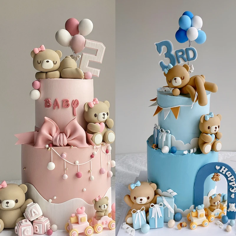 Pink Blue Bear Cake Topper Bear Doll Ornaments Cake Insert Birthday Cake Decoration Adult Birthday Gifts Wedding Cake Decorating